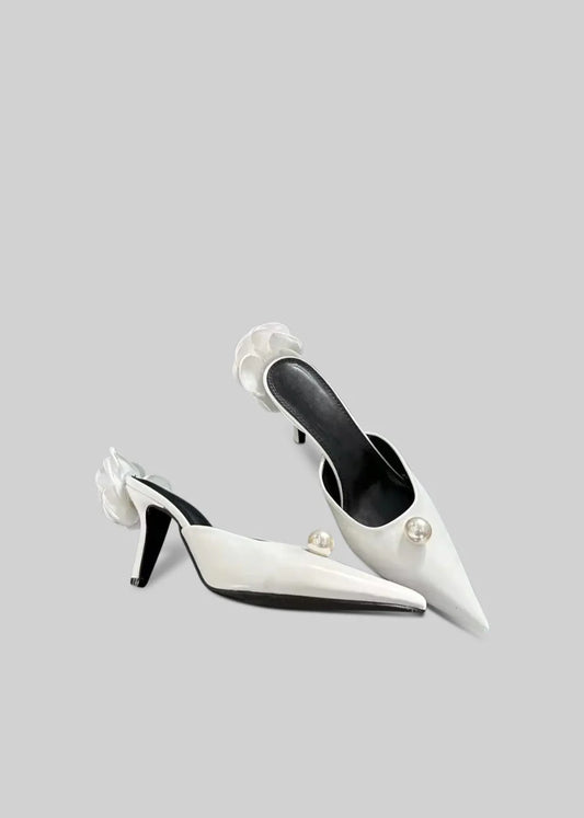 Satin Sandals with Back Flower Detail And Pearl - White