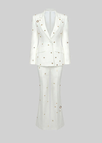 Elegant Two Piece Ensemble With Metallic Details - White