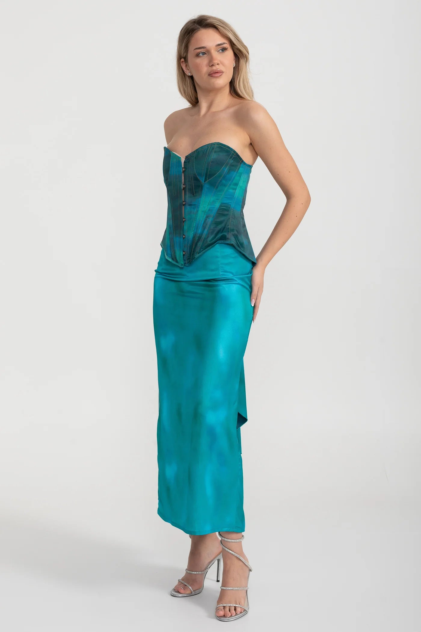 Strapless Corset Satin Set With Front Button Detail And Matching Skirt - Turquoise