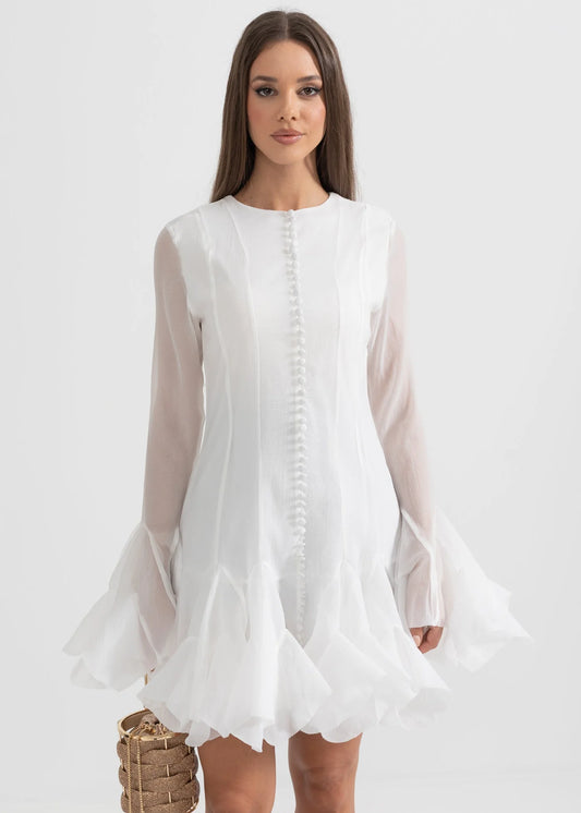 Chic Mini Dress With See-Through Sleeves And Flared Hemline - White