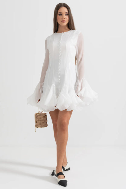 Chic Mini Dress With See-Through Sleeves And Flared Hemline - White