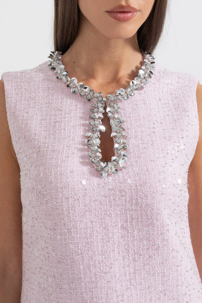 Textured Mini Dress With Silver Sequin Collar Detailing  - Pink