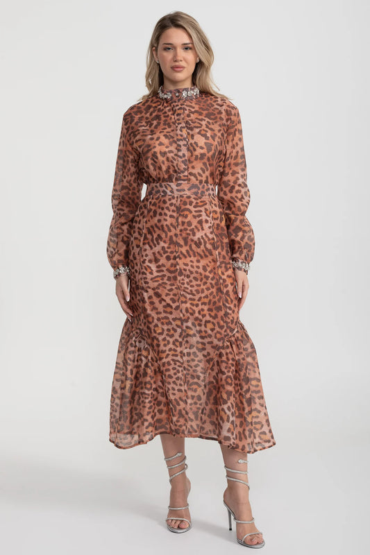 Embellished Collar Leopard Print Blouse & Skirt Set – Brown