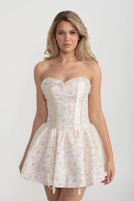 Strapless Mini Dress with Corset Lacing and Floral Print - White/Pink