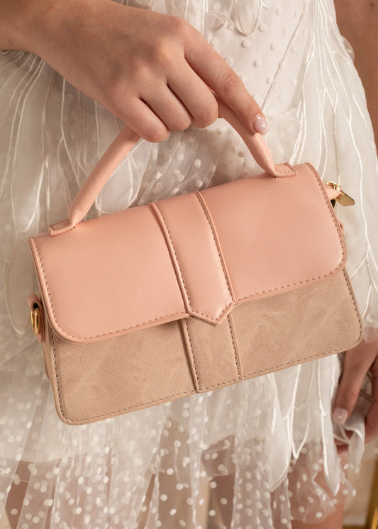 Bicolor Handbag With Contrasting Textures - Pink