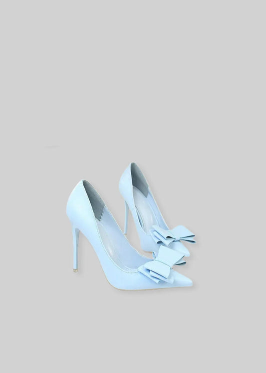 Vegan Leather High Heels With  3D Ribbon Detail - Baby Blue