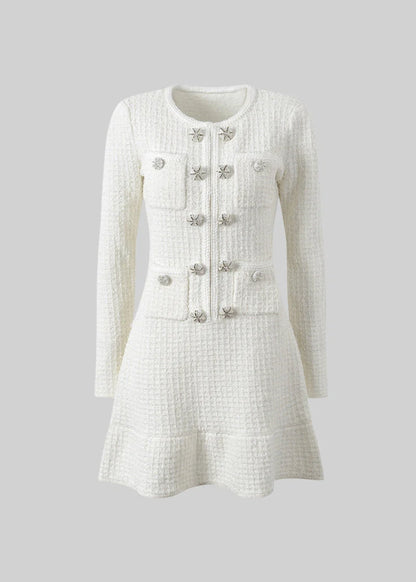 Long Sleeve Knee-Length Knitted Dress - White
