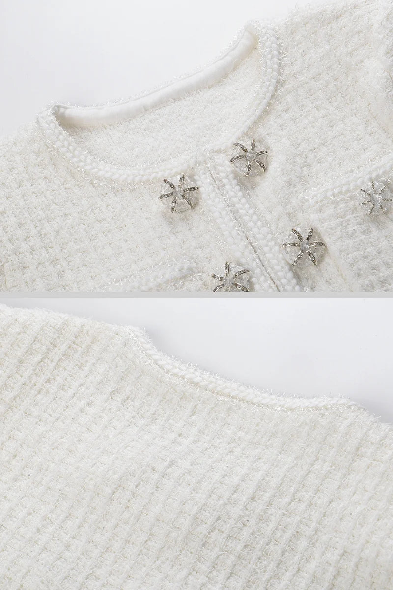 Long Sleeve Knee-Length Knitted Dress - White