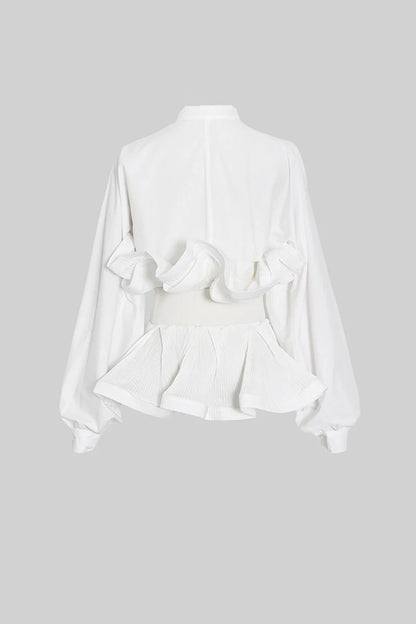 Ruffle Shirt with Oversized Belt And Flowing Sleeves - White