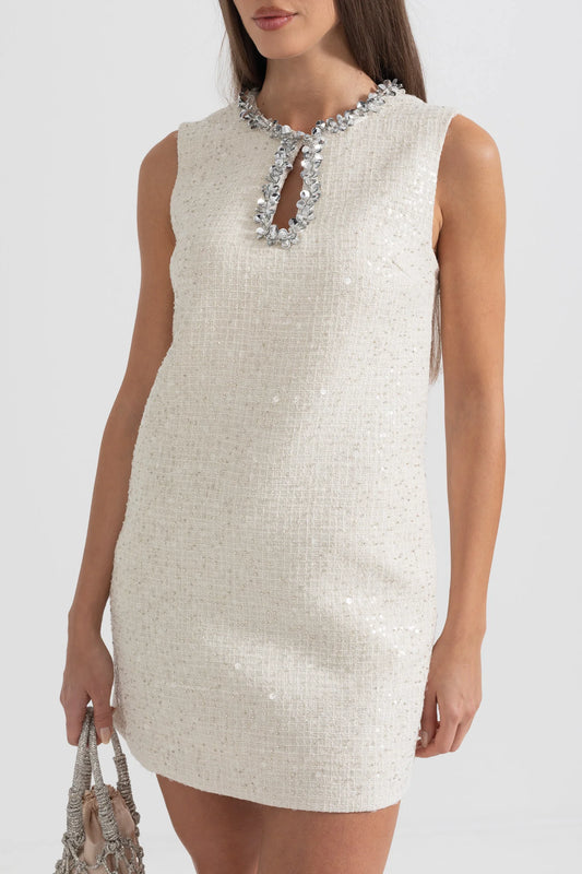 Textured Mini Dress With Silver Sequin Collar Detailing - Ivoire