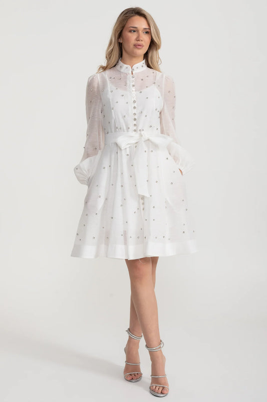 Long Sleeve Mini Dress with Crystal Embellishments - White