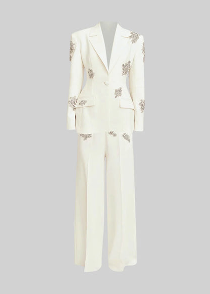 Pantsuit With Silver Floral Embellishments - White