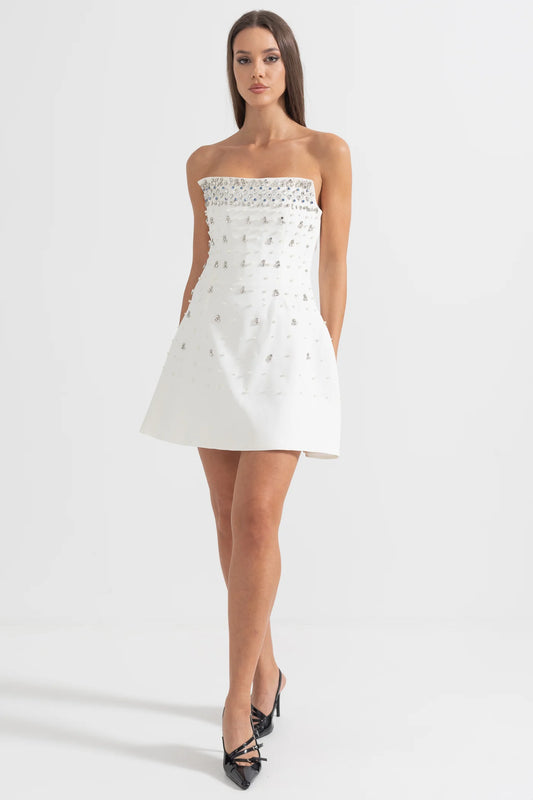 Mini Sleeveless Dress with Shimmering Crystal Details - White