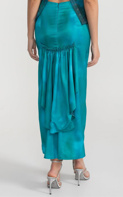 Strapless Corset Satin Set With Front Button Detail And Matching Skirt - Turquoise
