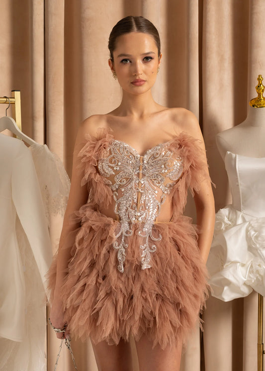 Elegant Feathered Co-Ord With Silver Sequin Motif - Beige