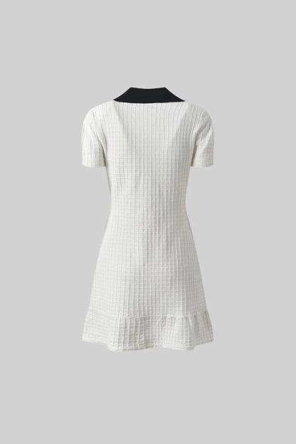 Short Sleeve Mini Dress With Contrasting Collar And Bow - White