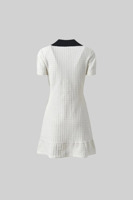 Short Sleeve Mini Dress With Contrasting Collar And Bow - White