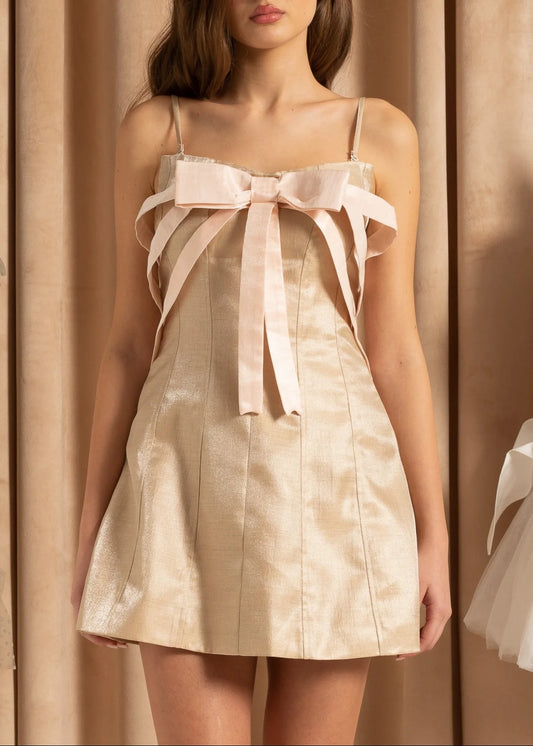 Shimmer Mini Dress With Decorative Front Bow  - Beige
