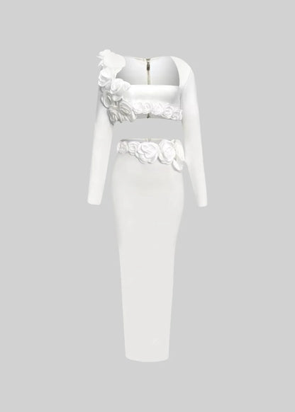 Two Piece Set With 3D Flower Embellished Top and Coordinated Maxi Skirt - White