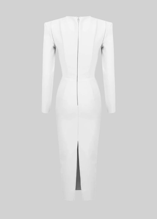 Elegant Fitted Midi Dress With Structured Shoulders - White