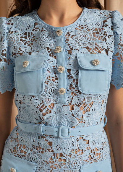 Short Sleeve Lace Floral Dress With Belt - Blue