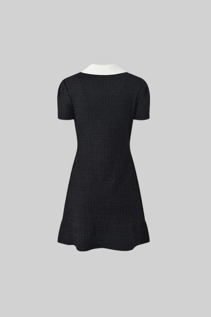 Short Sleeve Mini Dress With Contrasting Collar And Bow - Black
