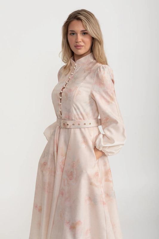 Watercolor Floral Belted Midi Dress with Mandarin Collar – Blush