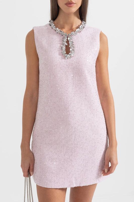 Textured Mini Dress With Silver Sequin Collar Detailing  - Pink