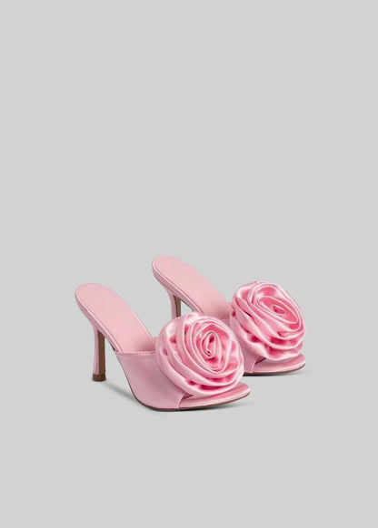 Satin Sandals with 3D Flower Aplique - Pink