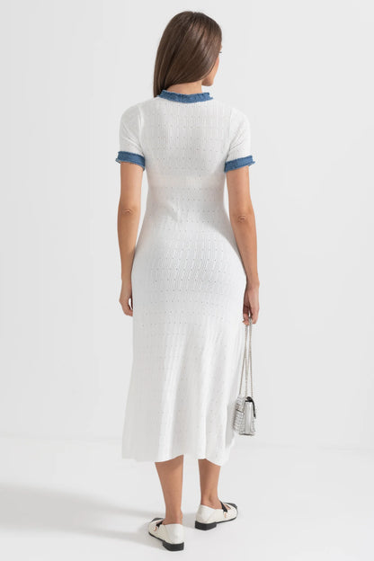 Textured Knit Midi Dress With Blue Details - White