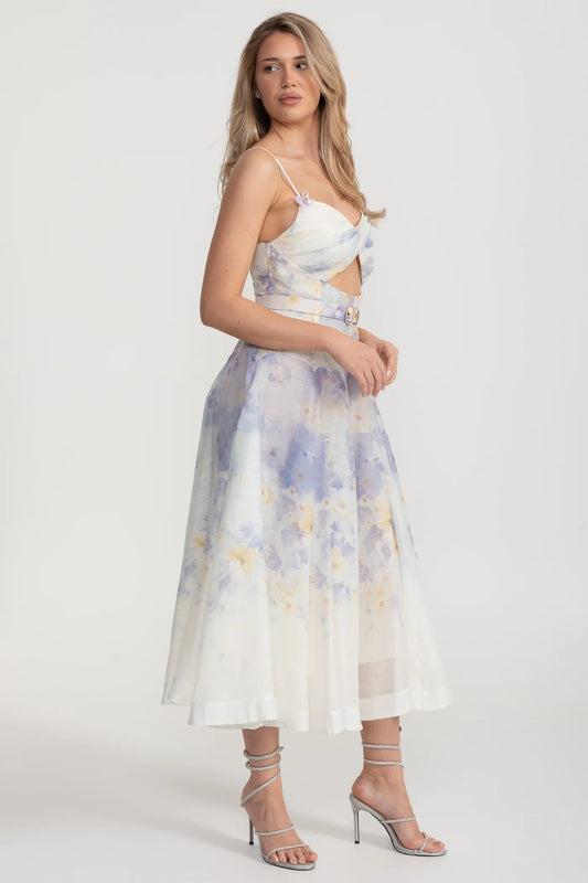 Watercolor Crisscross Cutout Midi Dress With Belt - Pastel