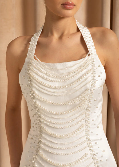 Exquisite Satin Evening Gown With Pearls - White