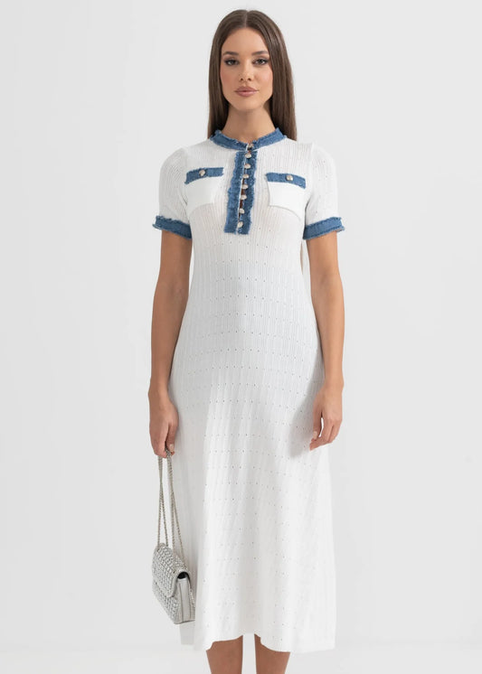 Textured Knit Midi Dress With Blue Details - White