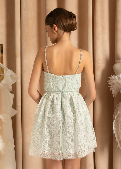 Lace Mini Dress With Floral Pattern Skirt And Sparkling Spaghetti Straps  - Turquoise