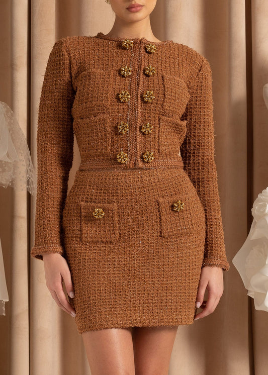 Knitted Two Piece Ensemble With Tweed Jacket and Skirt Set - Brown