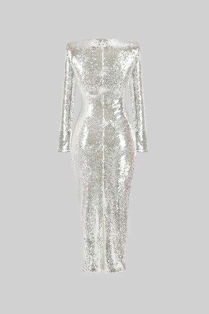 Sparkling Sequin Dress with Front Cut-Out - Silver