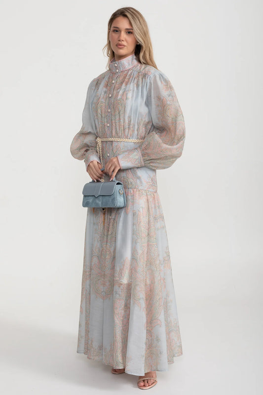Paisley Print Button-Down Maxi Dress with Rope Belt – Soft Blue