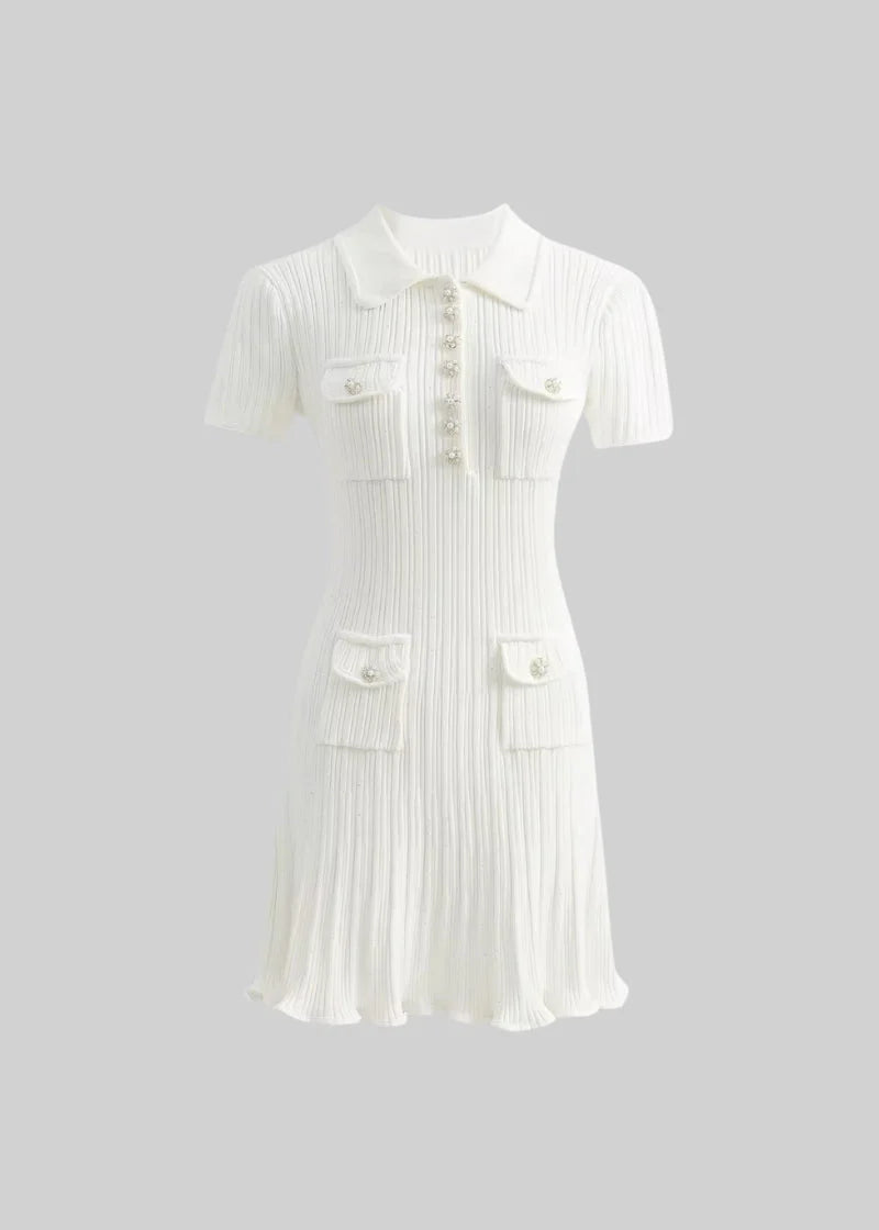 Short Sleeve Ribbed Mini Dress - White