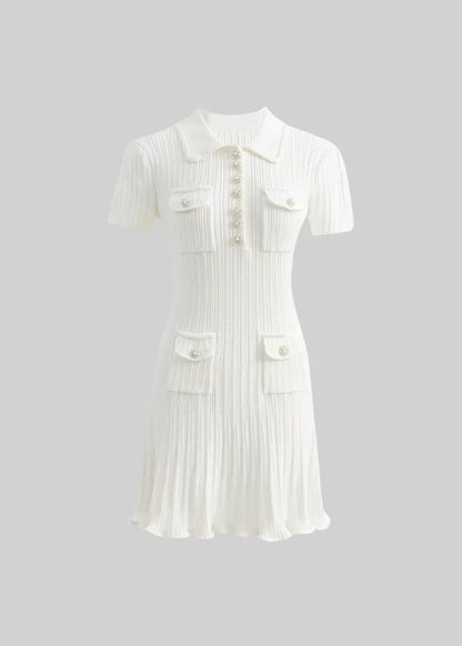 Short Sleeve Ribbed Mini Dress - White