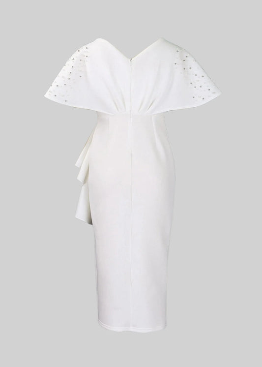 Flowing Midi Dress With Waist Draping And Shoulder Pearls - White