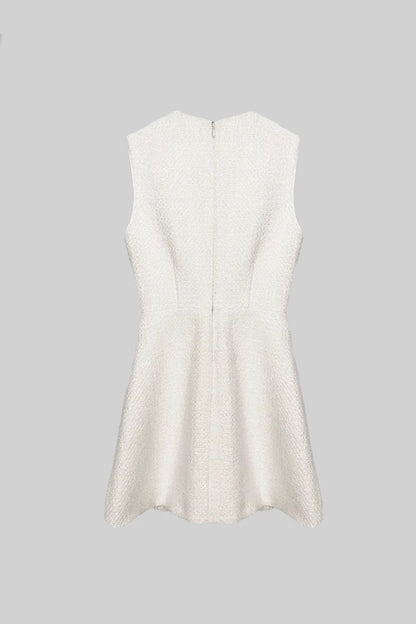 Textured Sleeveless Dress With Pearl Button Accents  - White