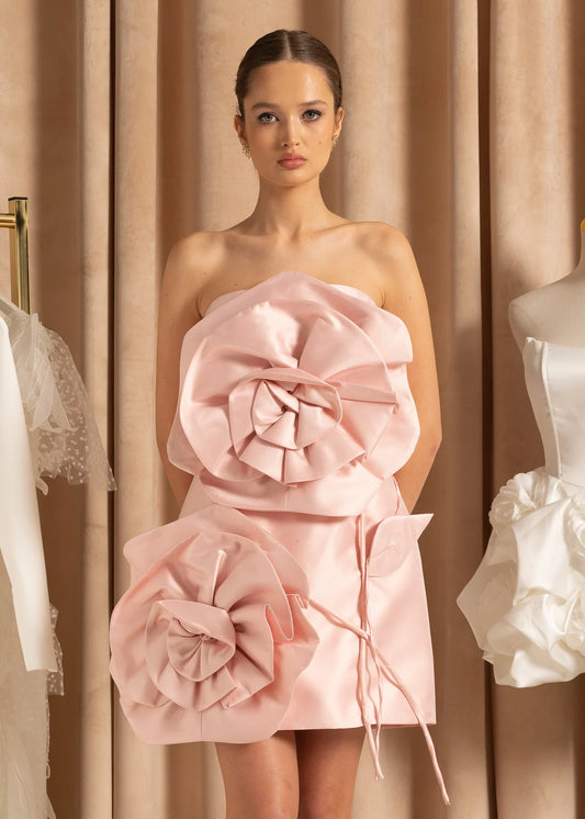 Satin Mini Dress With Oversized 3D Flowers - Light Pink