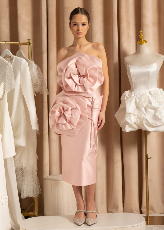 3D Sculpted Flowers Midi Dress - Light Pink