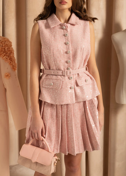Textured Dress With Waistbelt And Pleated Mini Skirt - Pink