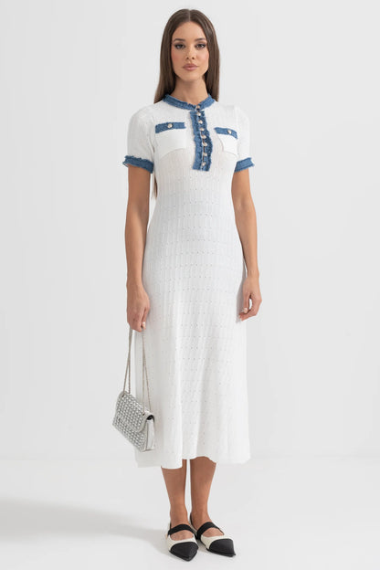Textured Knit Midi Dress With Blue Details - White