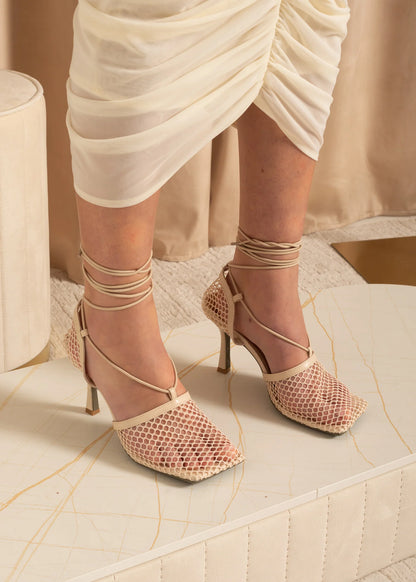 Elegant Mesh Sandals With Ankle Laces - Beige