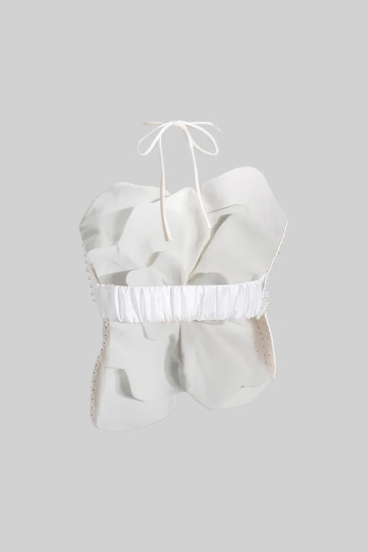 Floral Top With Pearl Accents - White