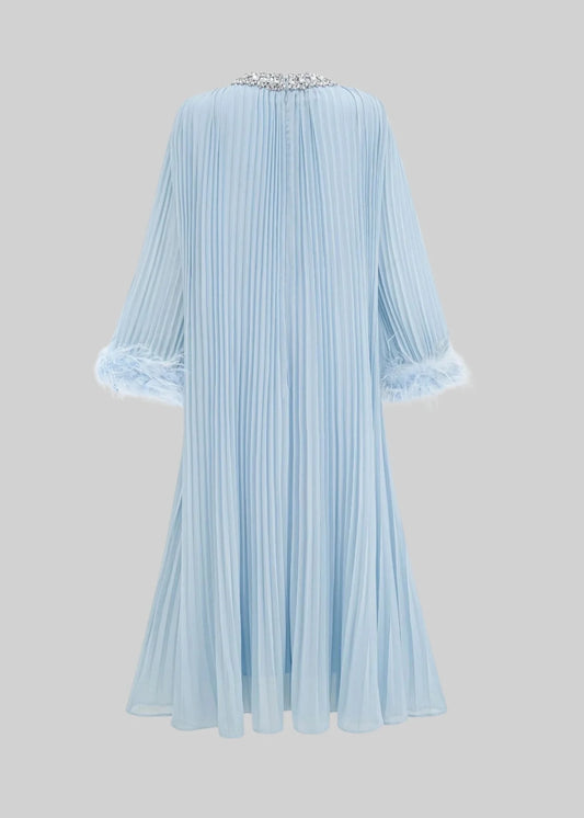 Elegant Ribbed Dress With Fluffy Cuffs And Sparkling Neckline Adornments - Baby Blue