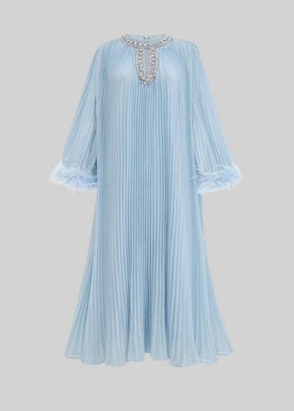 Elegant Ribbed Dress With Fluffy Cuffs And Sparkling Neckline Adornments - Baby Blue