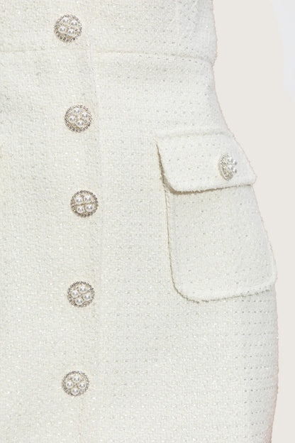 Textured Sleeveless Dress With Pearl Button Accents  - White
